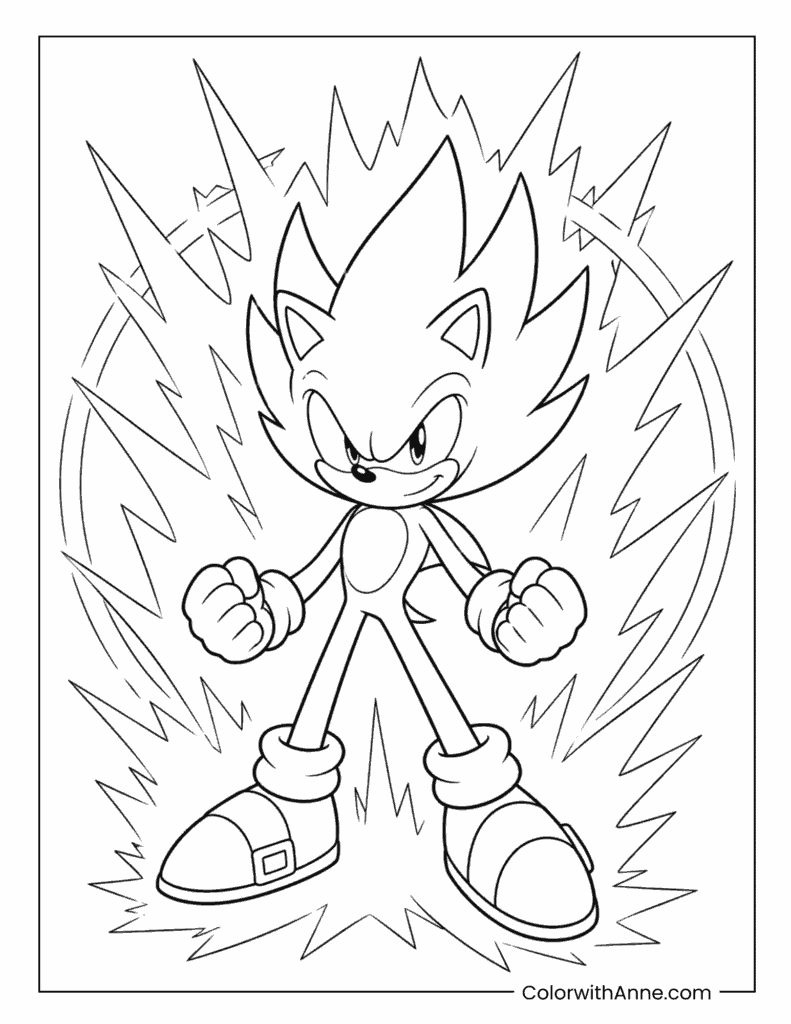 Powerful Super Sonic Surrounded By Lightning Burst Coloring Page