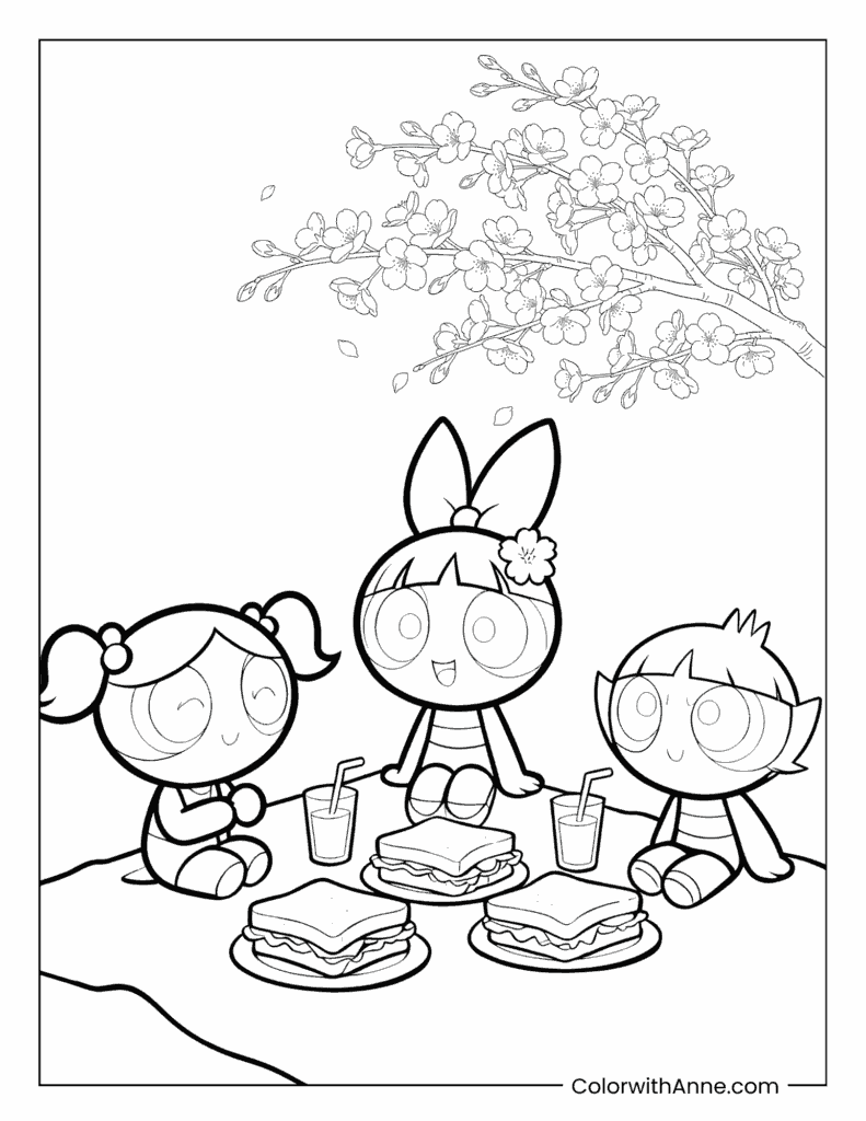 Powerpuff Girls Having a Picnic Coloring Page