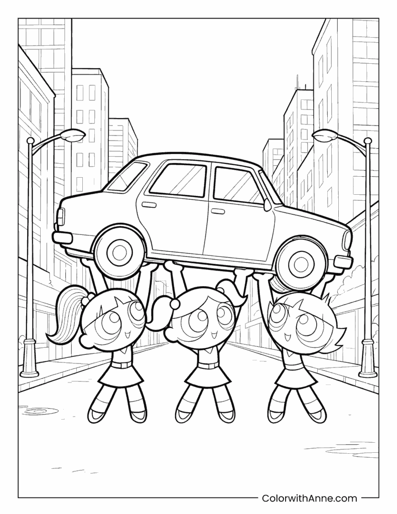 Powerpuff Girls Lifting a Car Coloring Page