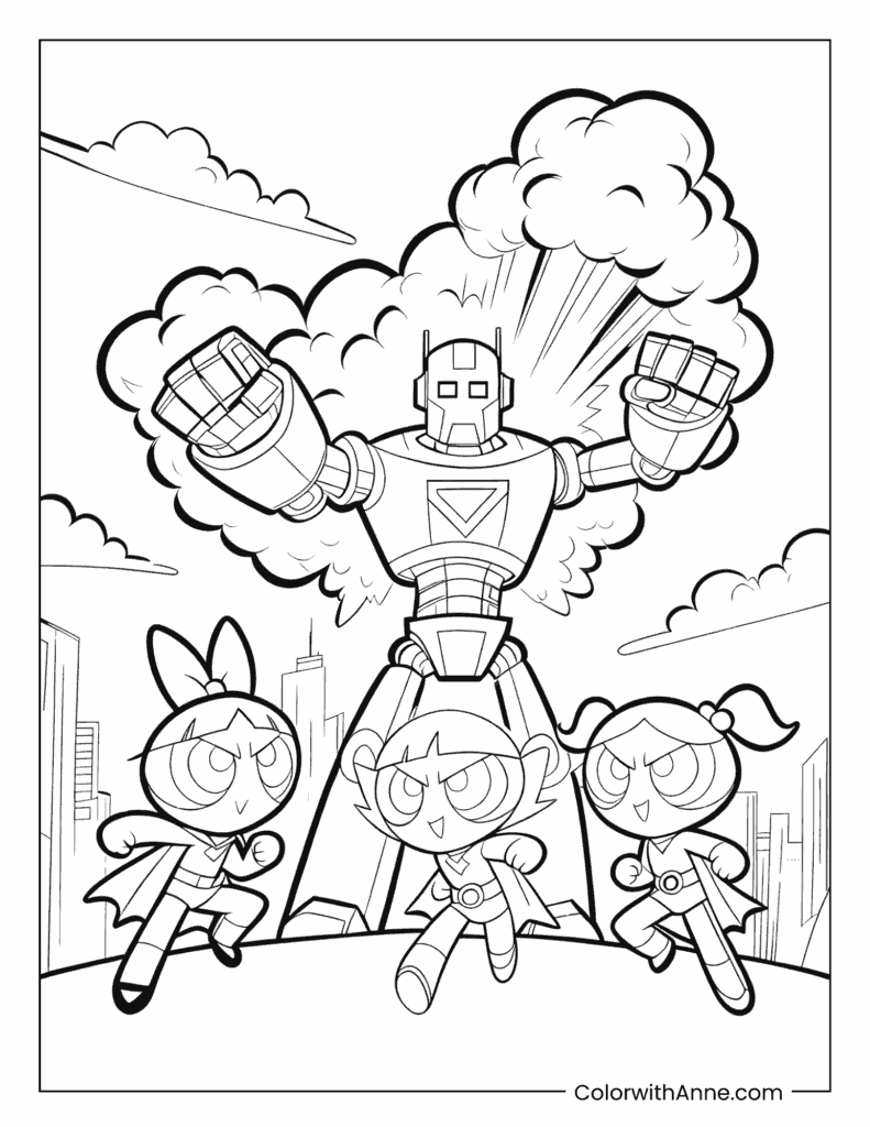 Powerpuff Girls vs. Giant Robot Coloring Page