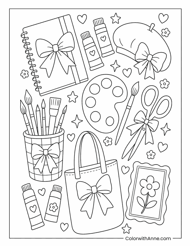Preppy Artist Studio Coloring Page – Paint, Sketch & Create