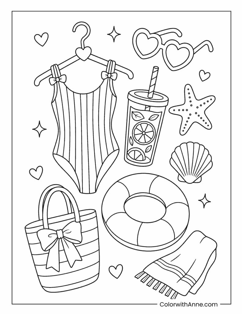 Preppy Beach Day Outfit Vibes Coloring Page