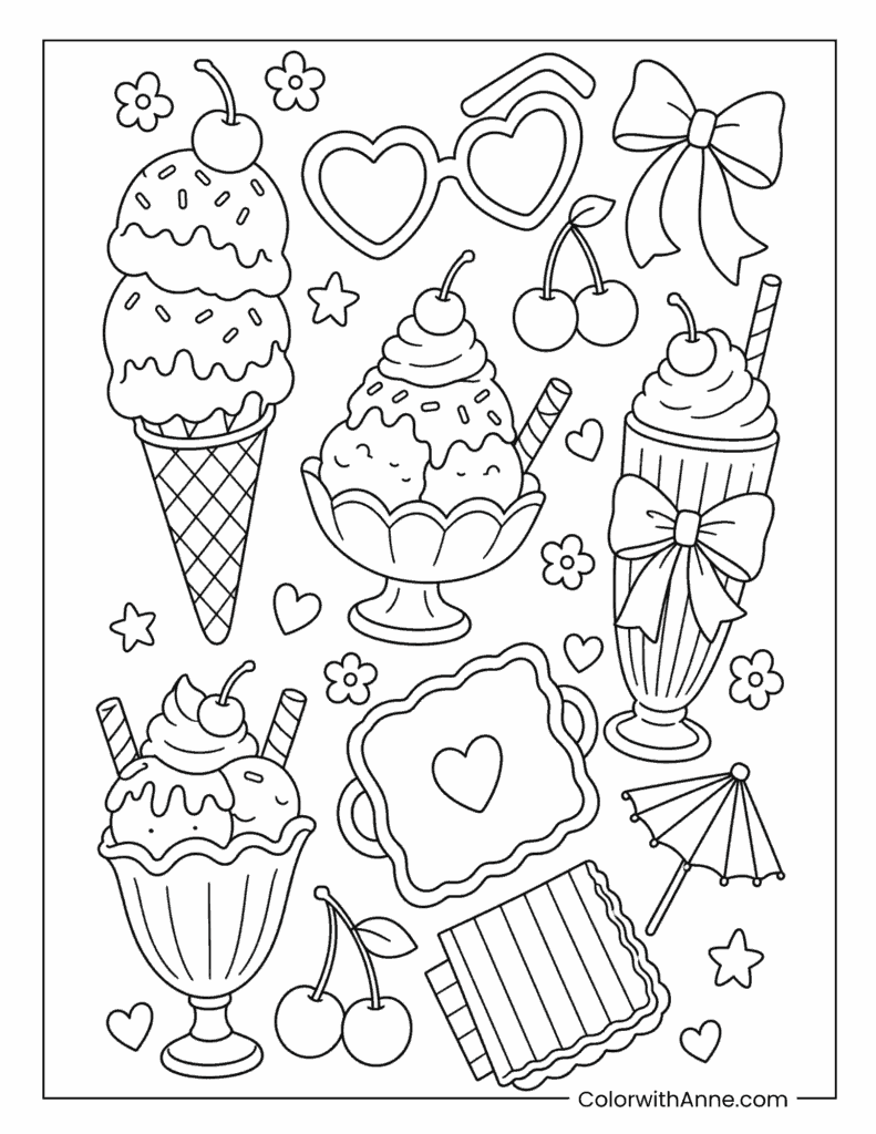Preppy Dessert Café Coloring Page – Cute Ice Cream & Sundaes
