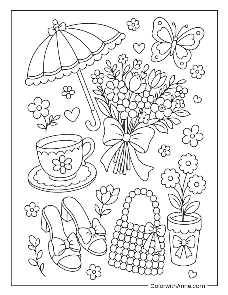 Preppy Garden Picnic Coloring Page – Umbrella, Flowers & Tea