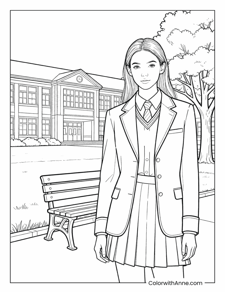 Preppy Girl in School Uniform Coloring Page