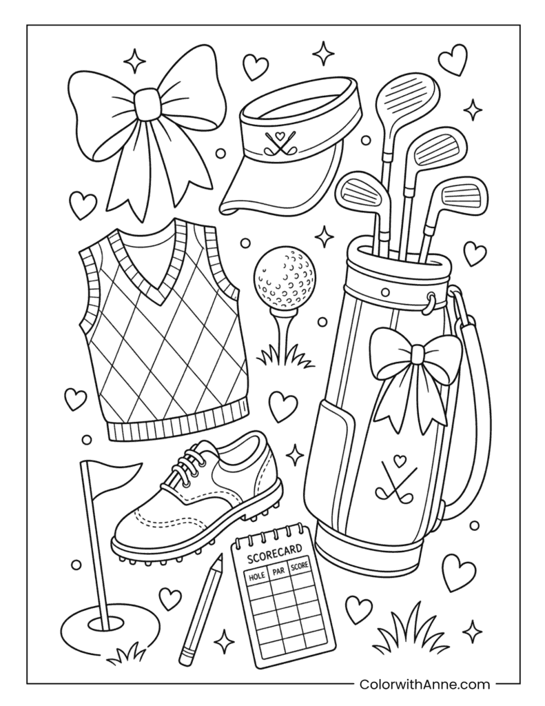 Preppy Golf Aesthetic Coloring Page – Sporty Cute Essentials
