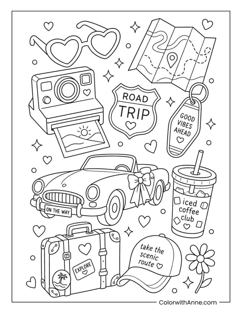 Preppy Road Trip Coloring Page for Kids