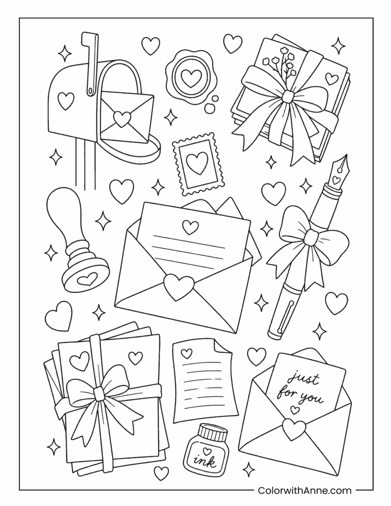 Preppy Stationery & Love Letters Coloring Page