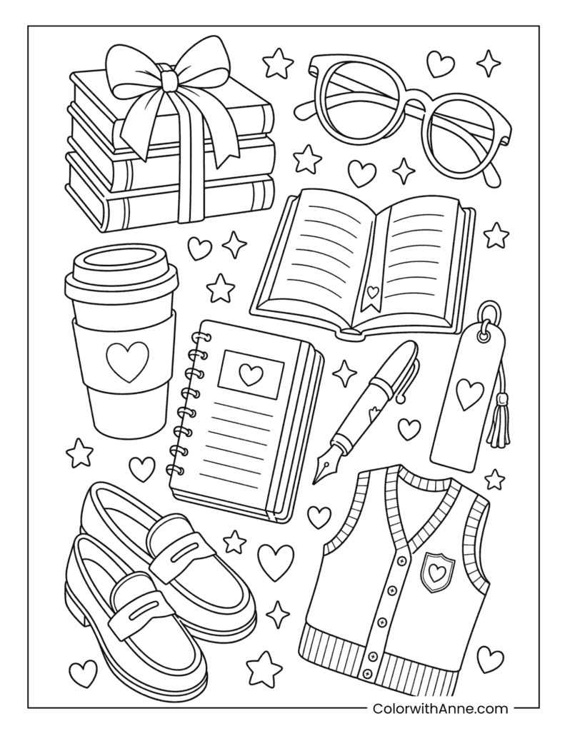 Preppy Study Desk Coloring Page – Books, Coffee & Cute Stationery