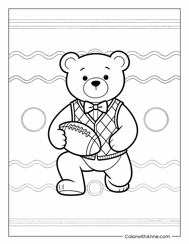 Preppy Teddy Bear with Football Coloring Page