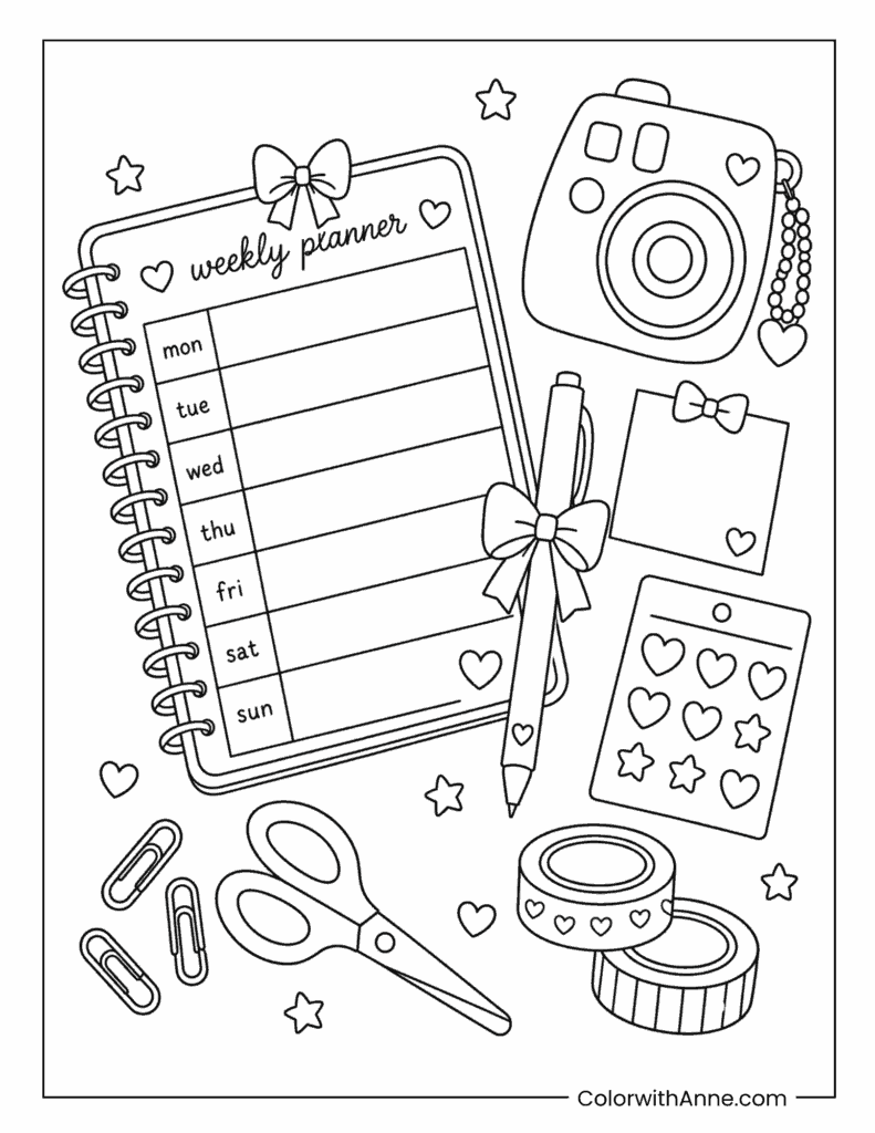 Preppy Weekly Planner Aesthetic Coloring Page