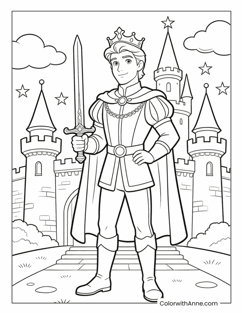 Prince Charming in Front of Castle Coloring Page