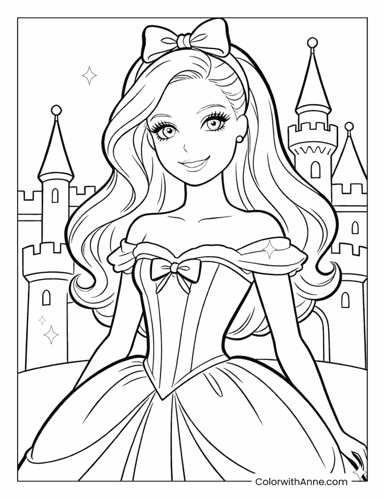 Princess Barbie in Front of a Fairytale Castle Coloring Page