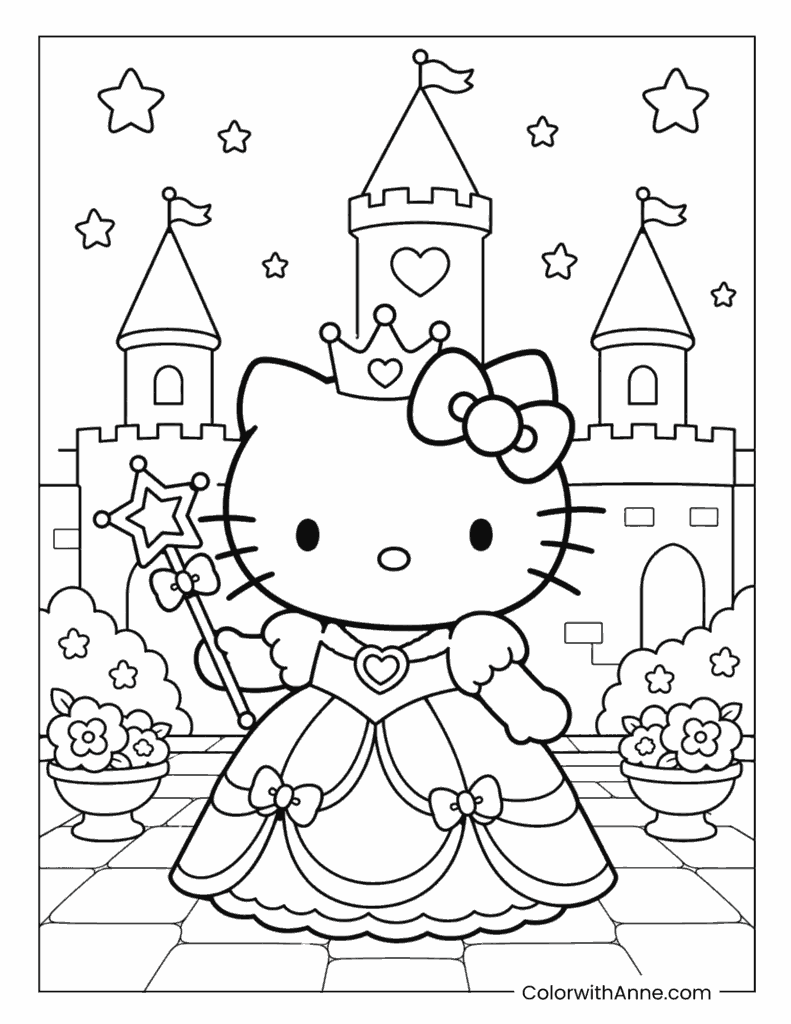 Princess Hello Kitty with a Magic Wand at the Castle Coloring Page