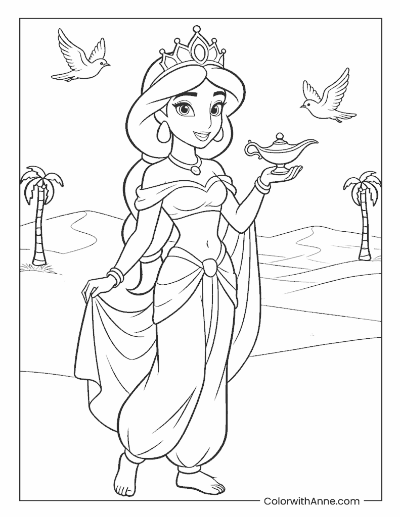 Princess Jasmine Holding the Magic Lamp Coloring Page