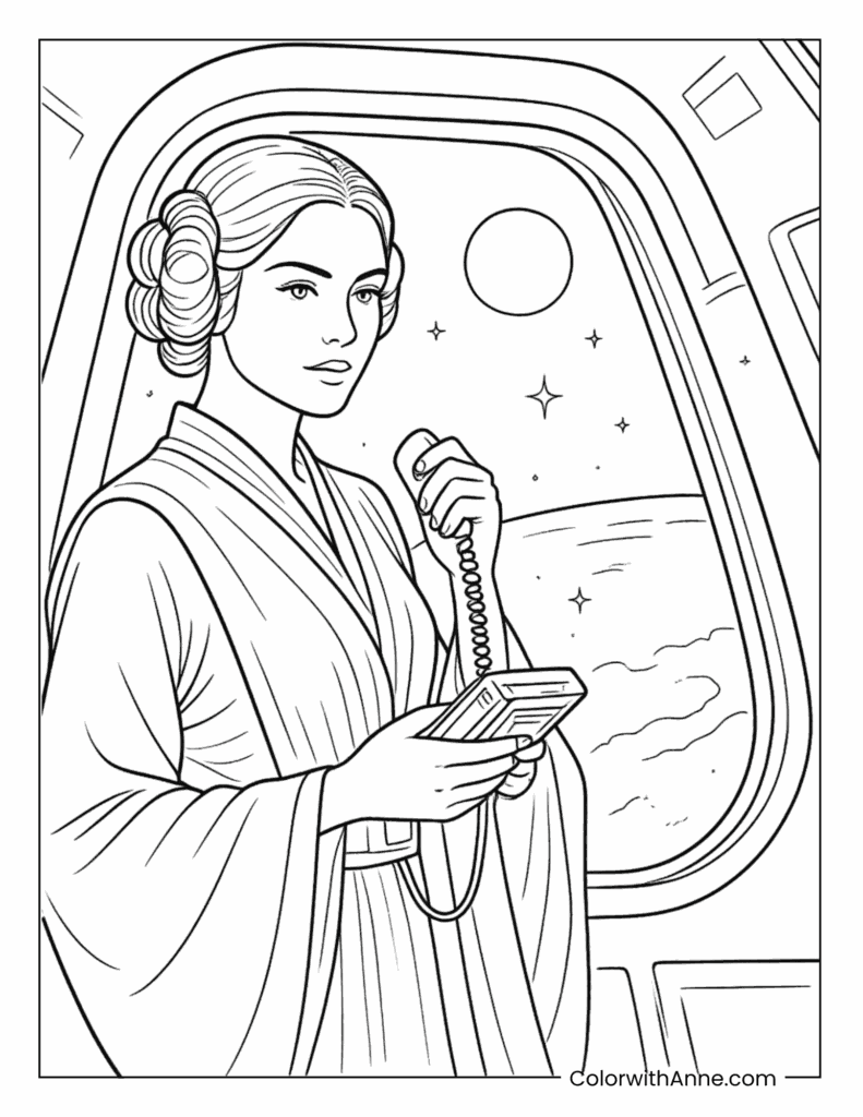 Princess Leia Inside the Starship Cockpit Coloring Page