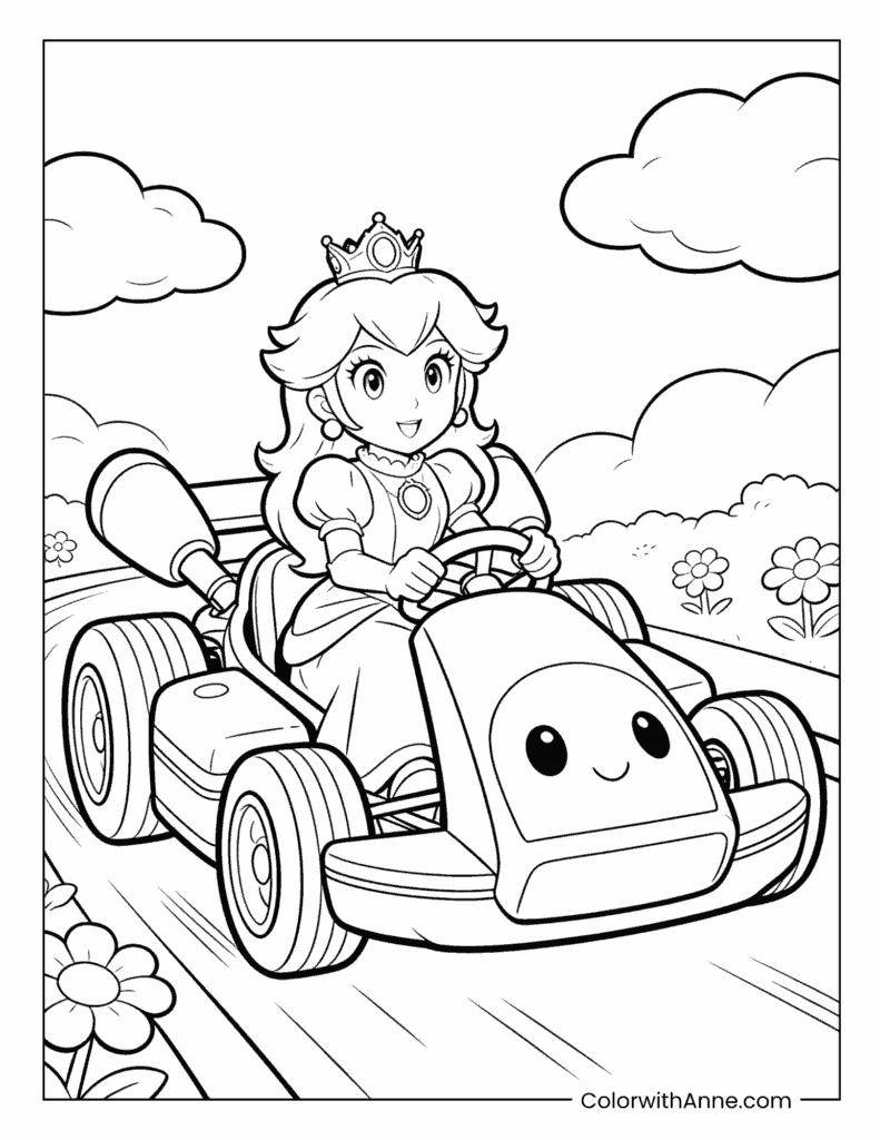 Princess Peach Driving a Happy Kart Coloring Page