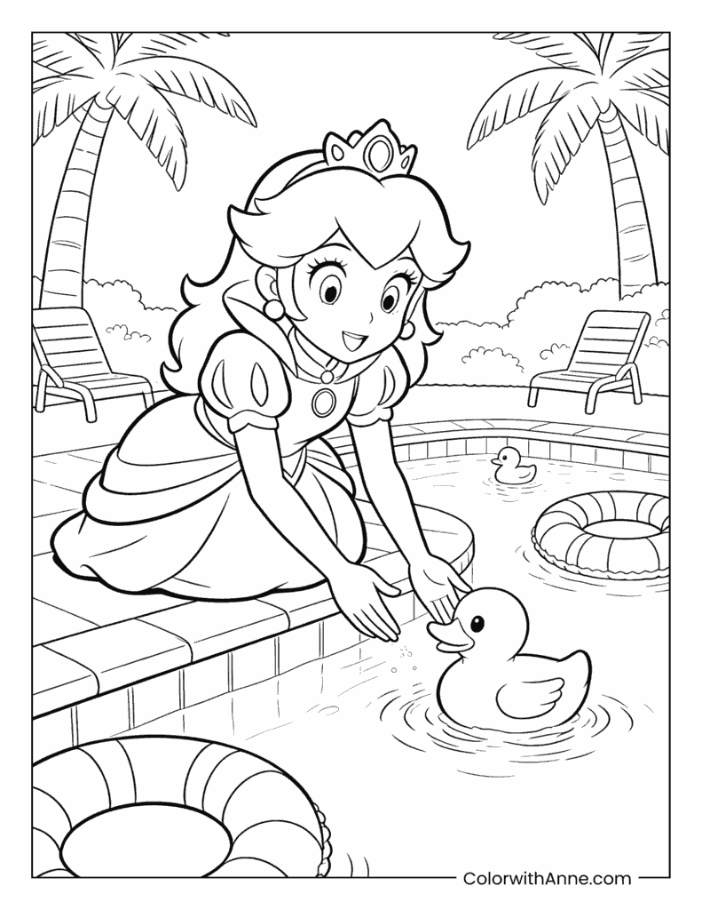 Princess Peach Playing with Rubber Ducks at the Pool Coloring Page
