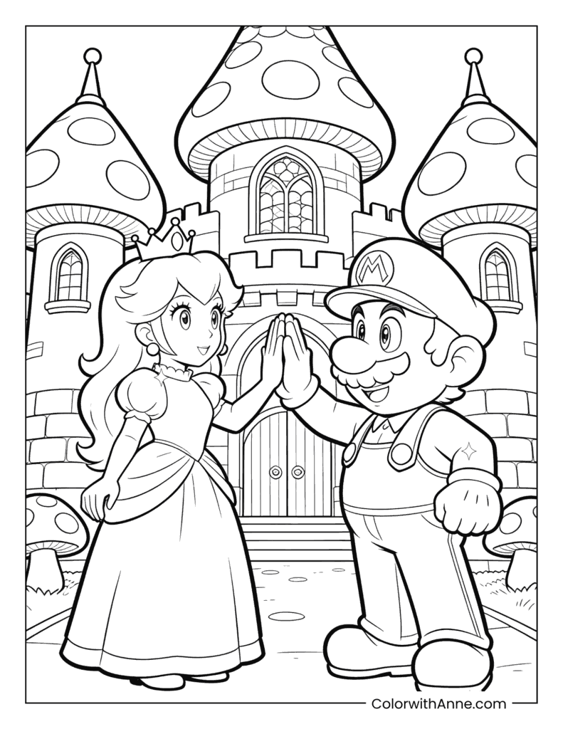 Princess Peach and Mario in Front of a Castle Coloring Page