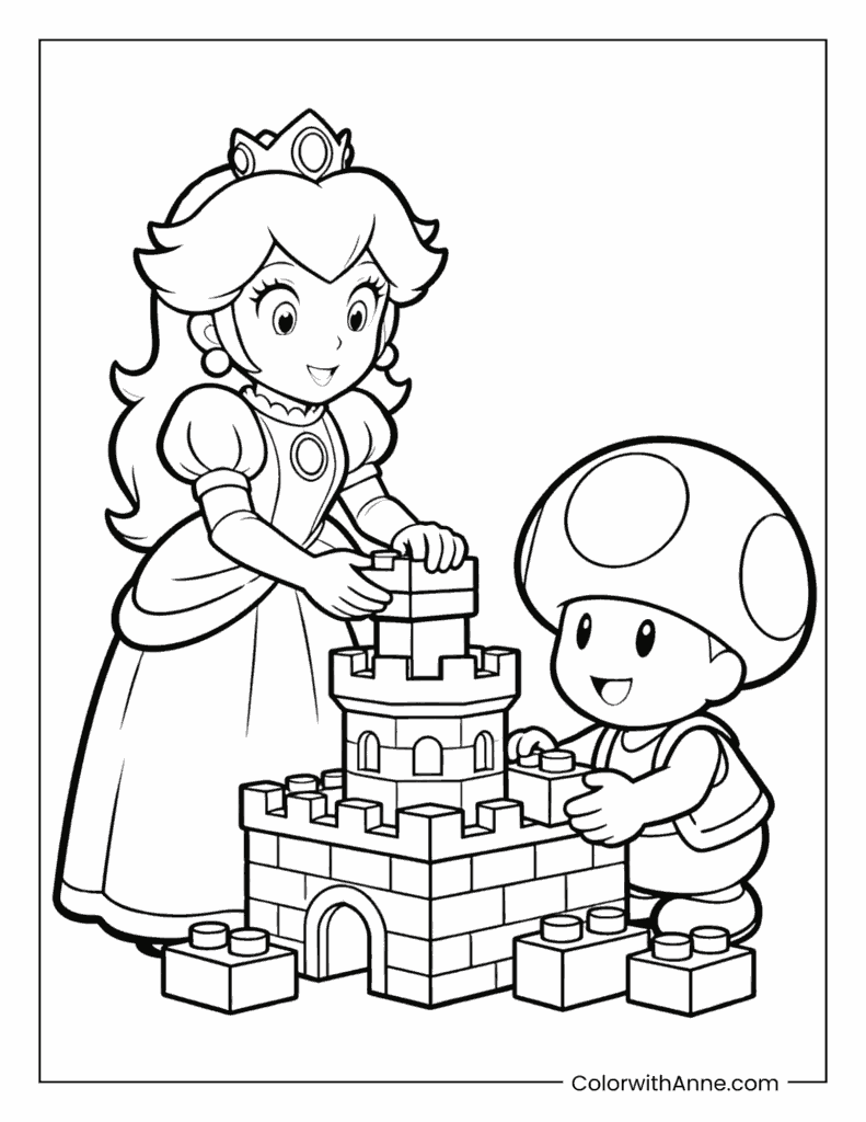 Princess Peach and Toad Building a Block Castle Coloring Page