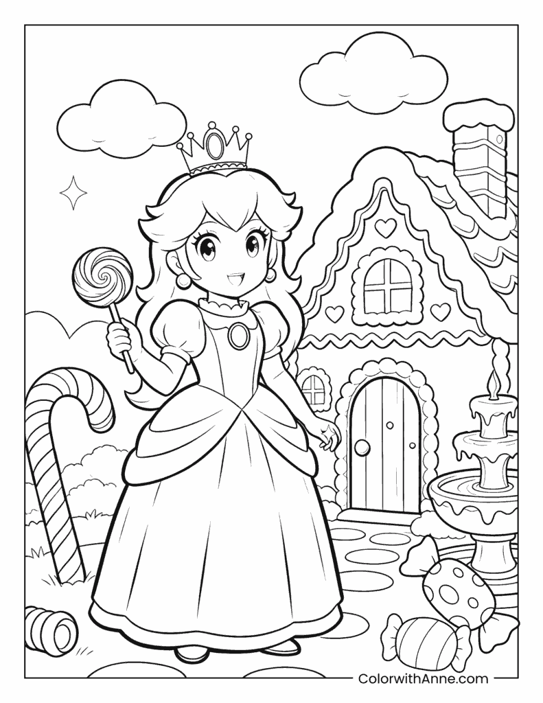 Princess Peach in Front of a Gingerbread House Coloring Page