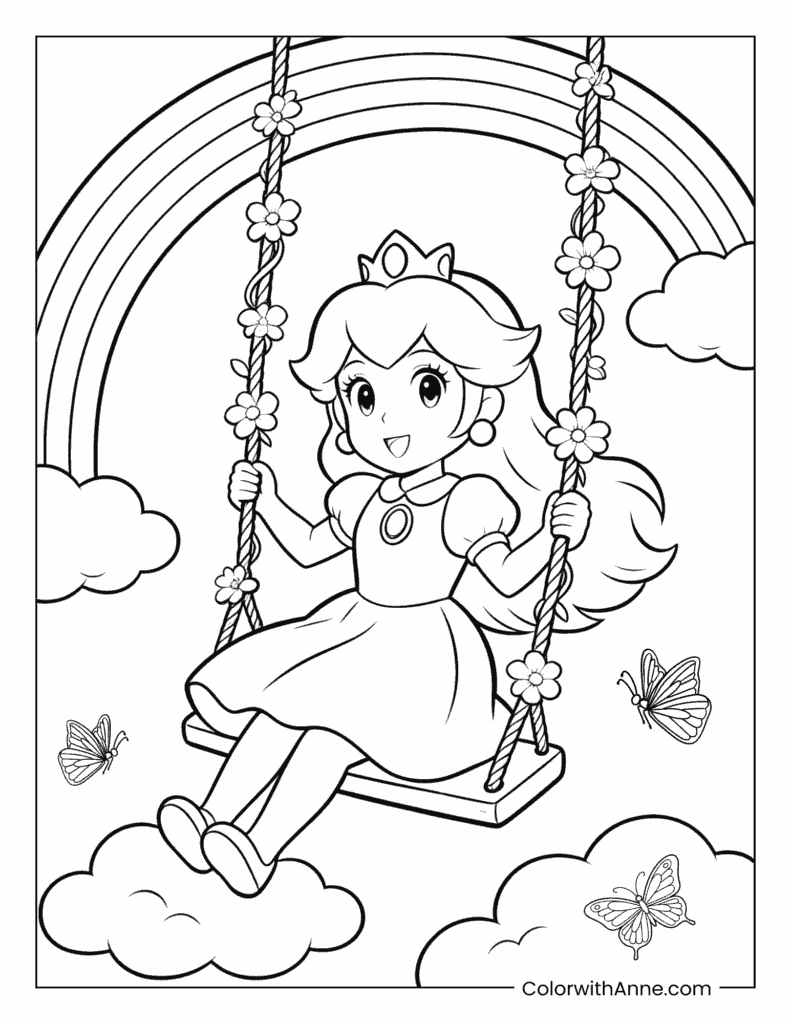 Princess Peach on a Flower Swing Coloring Page