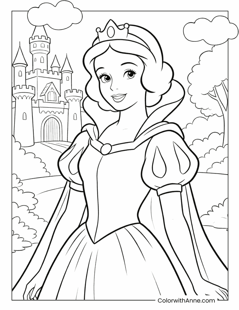 Princess Snow White in Front of Castle Coloring Page