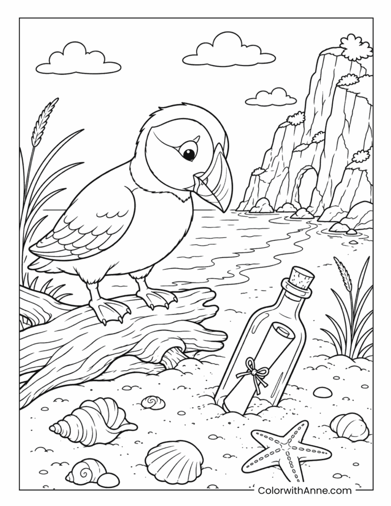 Puffin Discovering a Message in a Bottle by the Seaside Cliffs Coloring Page