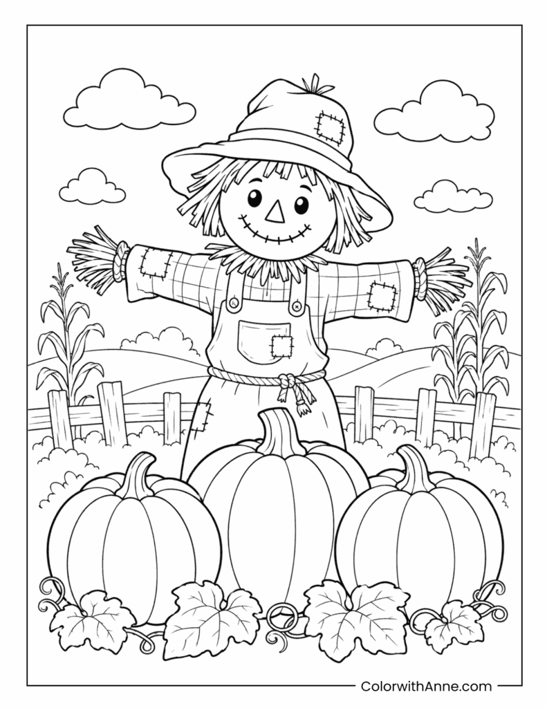 Pumpkin Scarecrow In Harvest Field Coloring Page