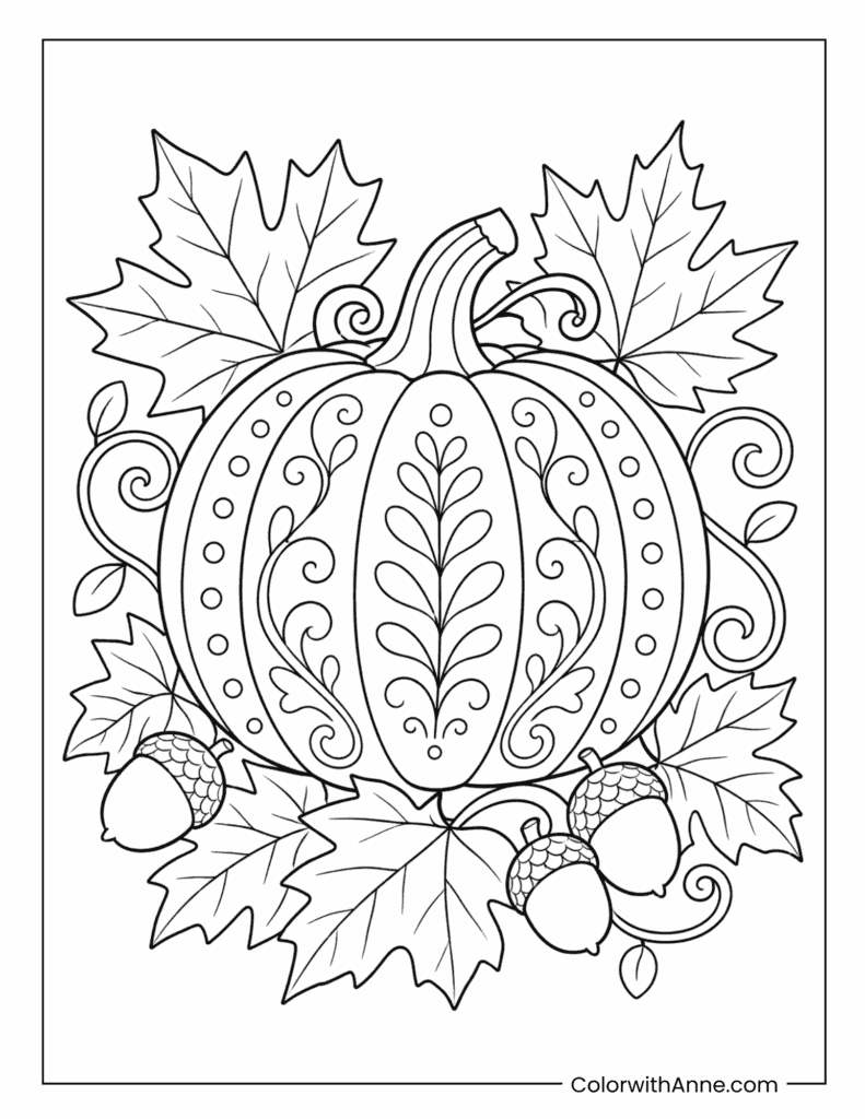 Pumpkin With Decorative Leaves Coloring Page