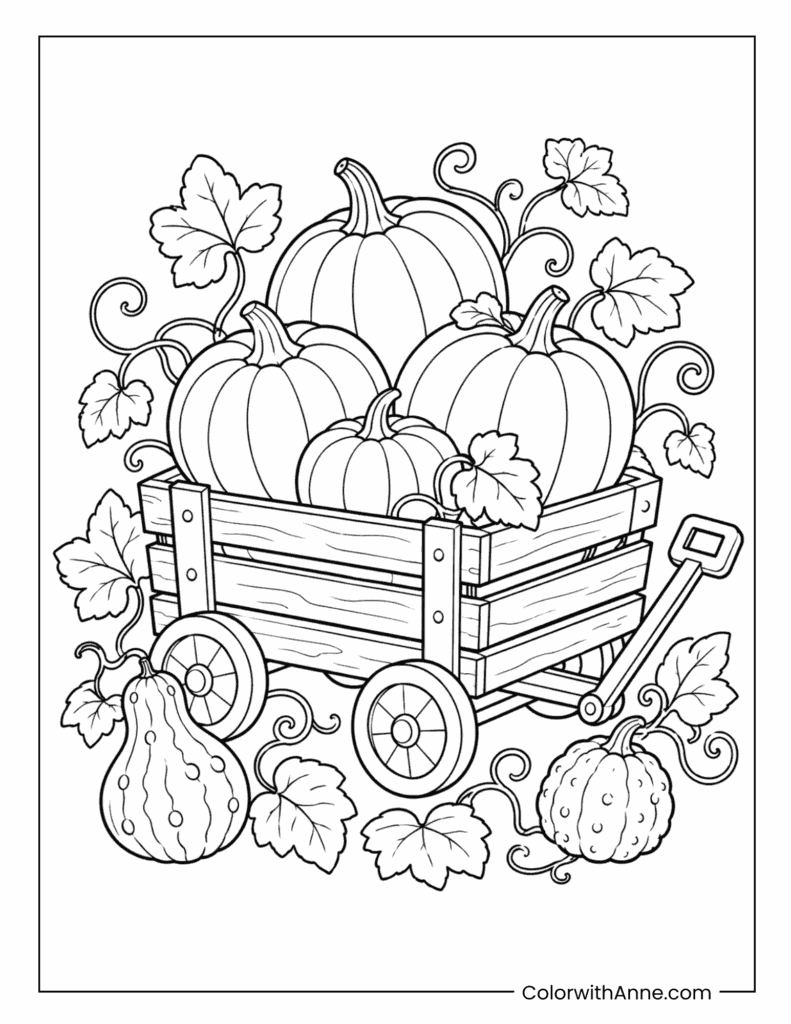 Pumpkins In Wooden Wagon Coloring Page