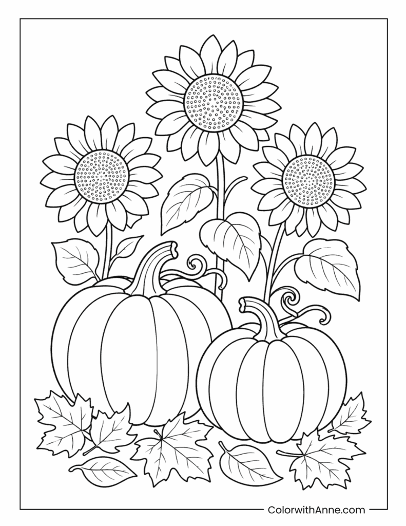 Pumpkins With Sunflowers Coloring Page