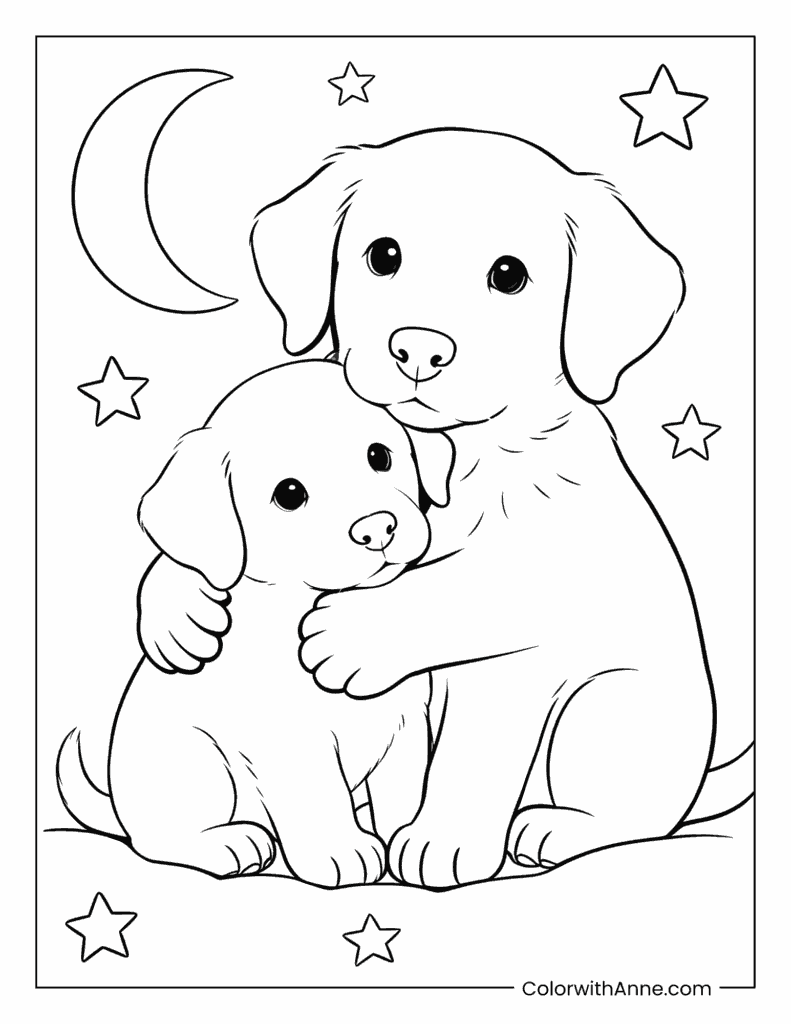 Puppy Family Under the Stars Coloring Page