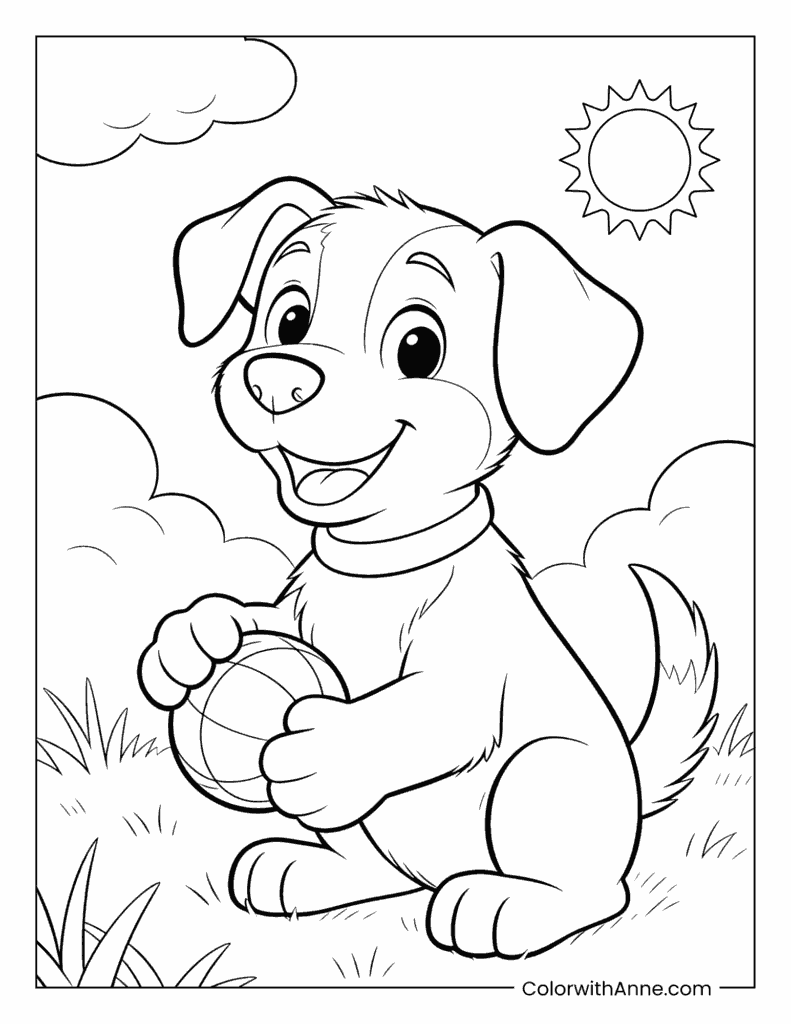 Puppy Holding a Ball on a Sunny Day Coloring Page