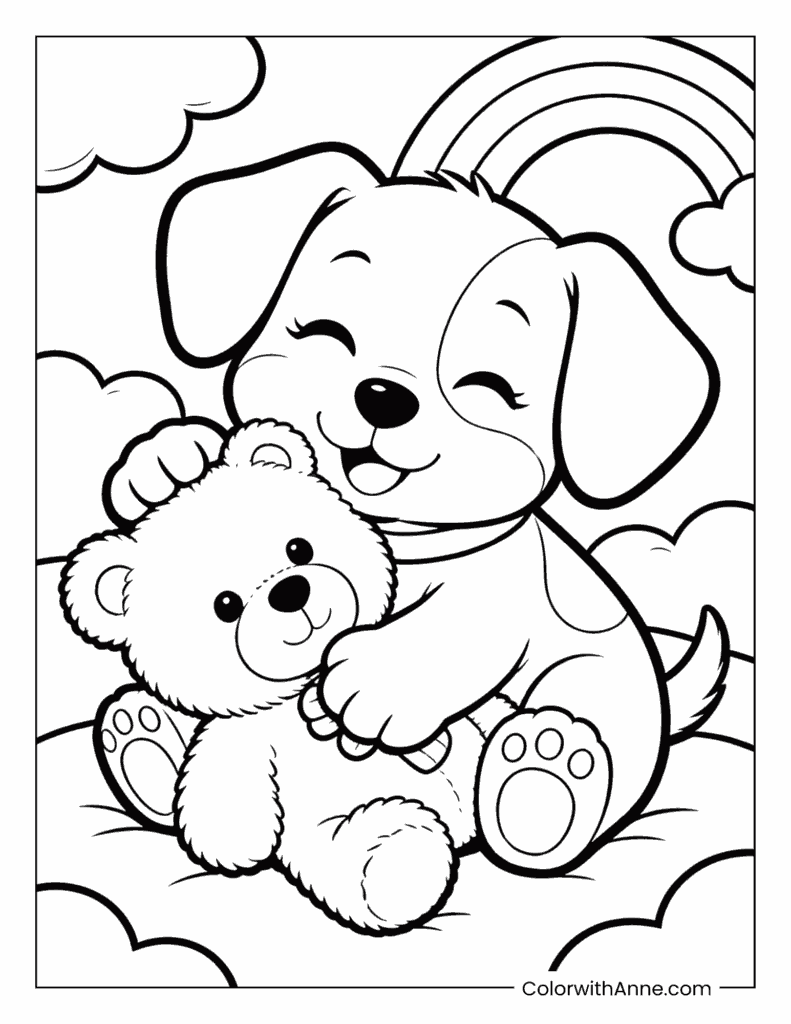 Puppy Hugging a Teddy Bear Coloring Page