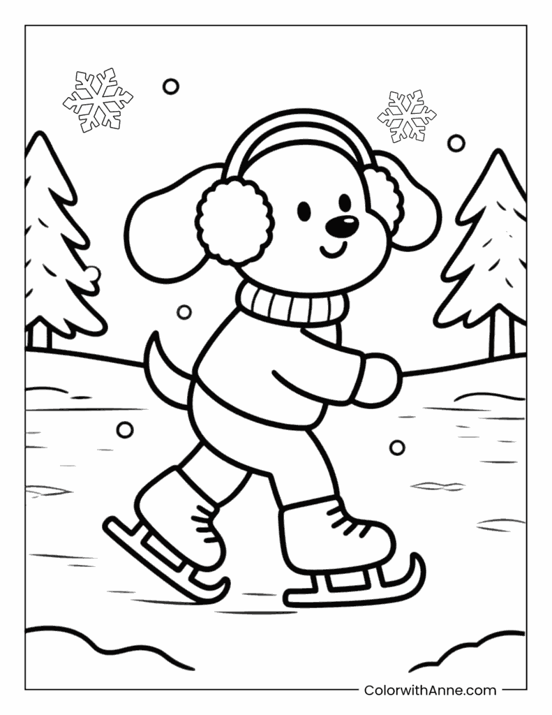 Puppy Ice Skating on a Frozen Lake Coloring Page