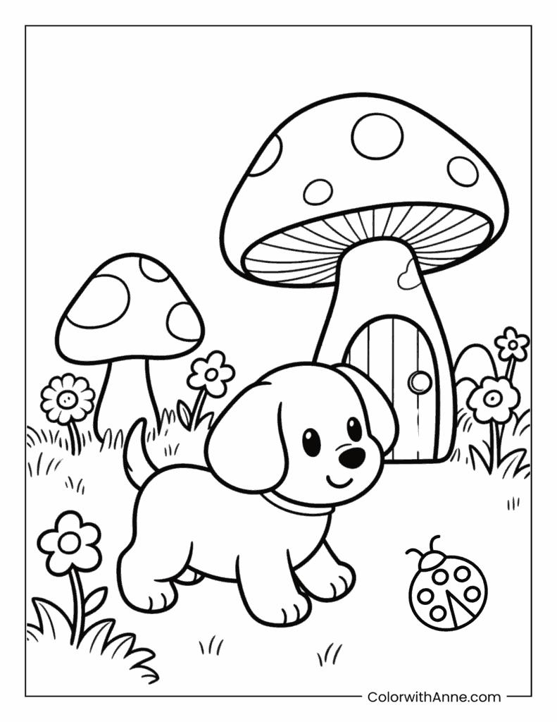 Puppy Playing in a Magical Garden Coloring Page