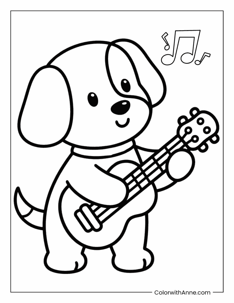 Puppy Playing the Guitar Coloring Page