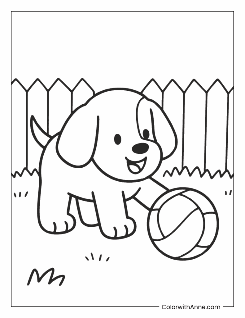 Puppy Playing with a Ball in the Backyard Coloring Page