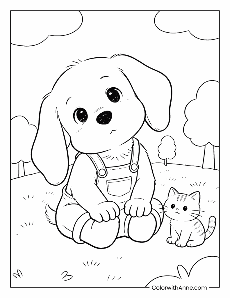 Puppy and Kitty Friends in the Forest Coloring Page
