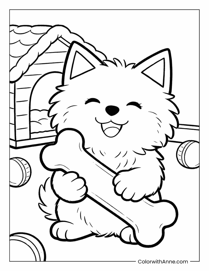 Puppy with a Bone and Doghouse Coloring Page