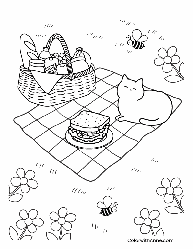 Purr-fect April Picnic Day with Cat Coloring Page