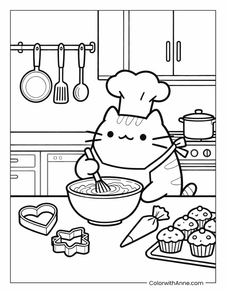 Pusheen Baking in the Kitchen Coloring Page