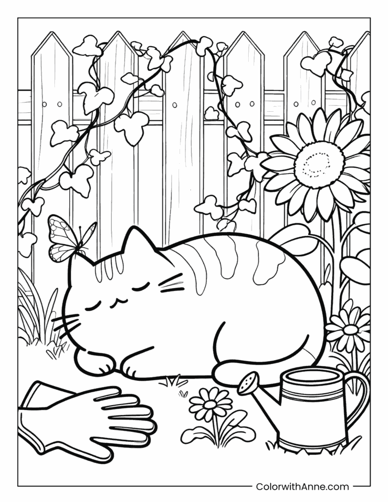 Pusheen Napping in the Garden Coloring Page