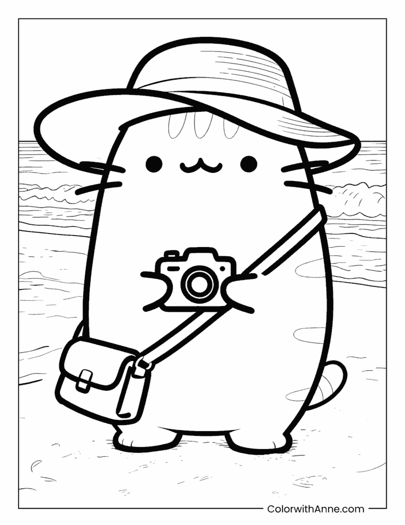 Pusheen Tourist with Camera Coloring Page
