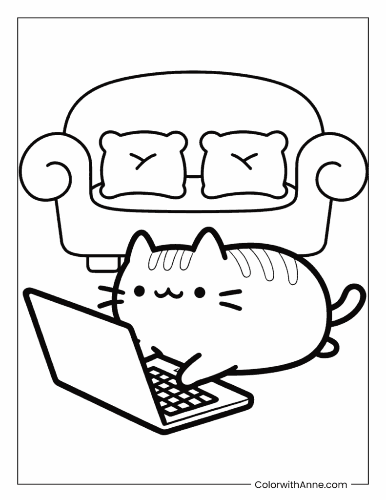 Pusheen Working on a Laptop Coloring Page