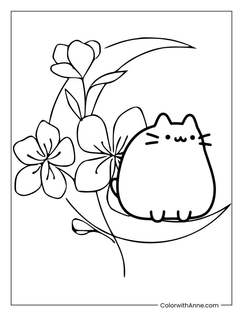 Pusheen and Moon Flowers Coloring Page