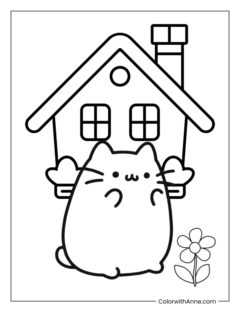 Pusheen in Front of a House Coloring Page