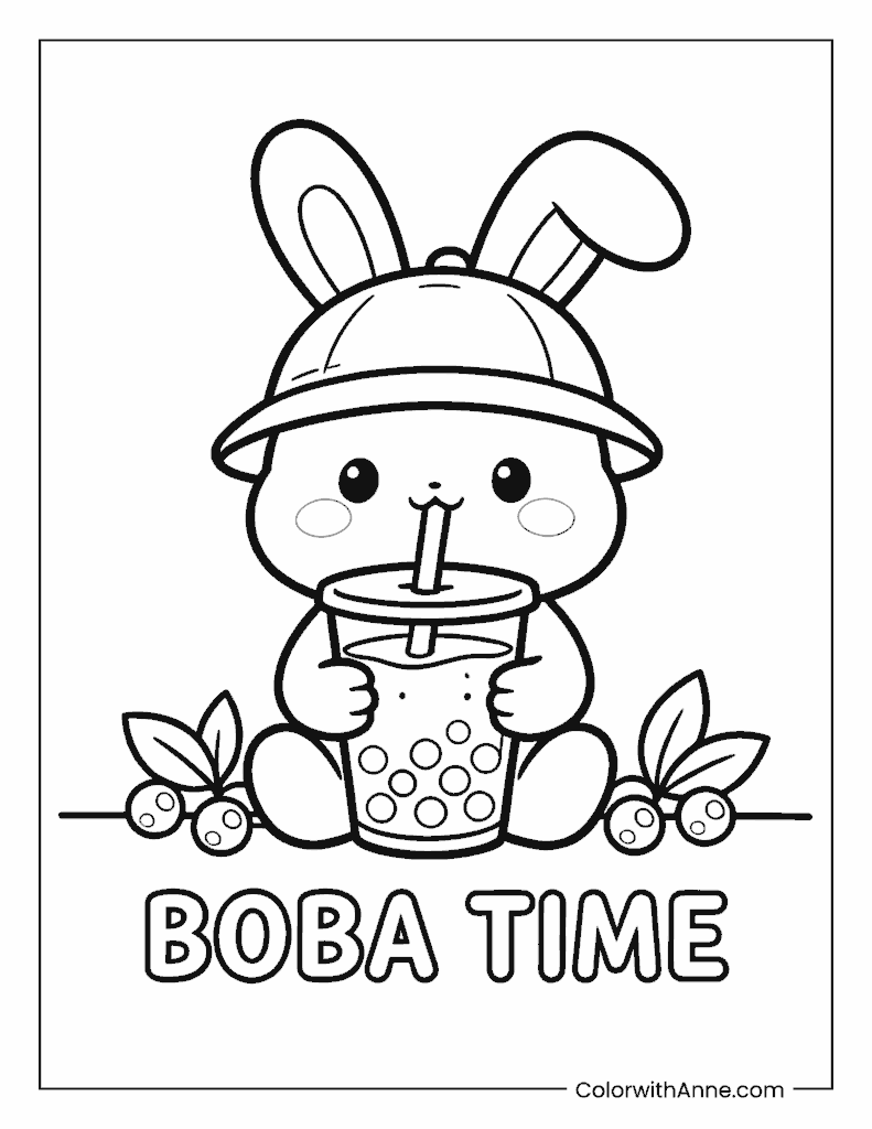 Rabbit Enjoying Boba Time Coloring Page