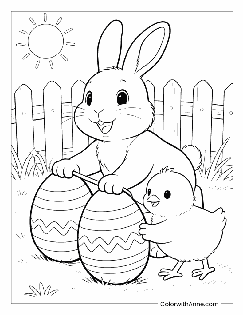 Rabbit and Chick Holding Easter Eggs Coloring Page